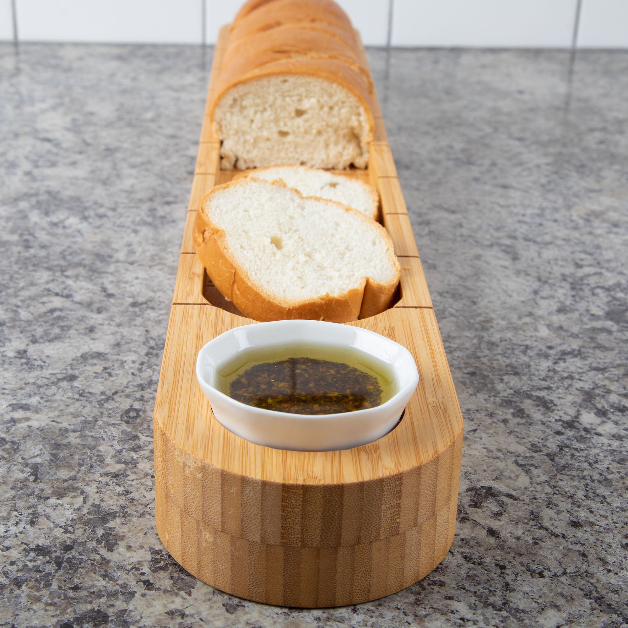 Bamboo Bread Board with Ceramic Dip Cup — Entertaining Essential