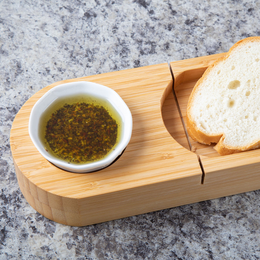 Bamboo Bread Board with Ceramic Dip Cup — Entertaining Essential