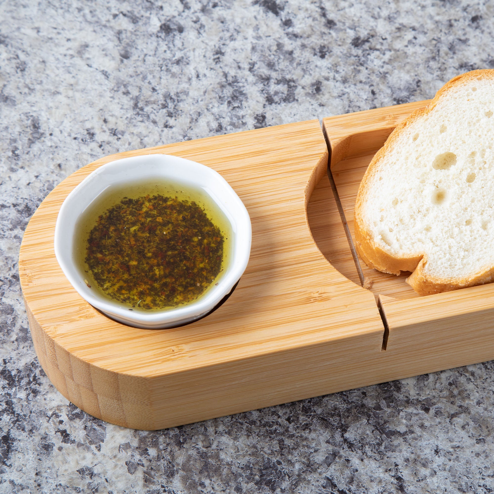 Bamboo Bread Board with Ceramic Dip Cup — Entertaining Essential