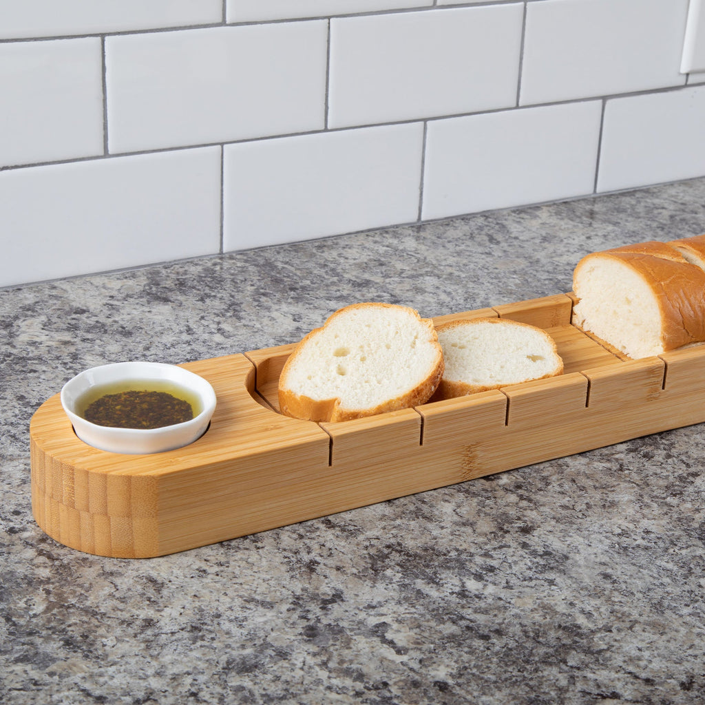 Bamboo Bread Board with Ceramic Dip Cup — Entertaining Essential