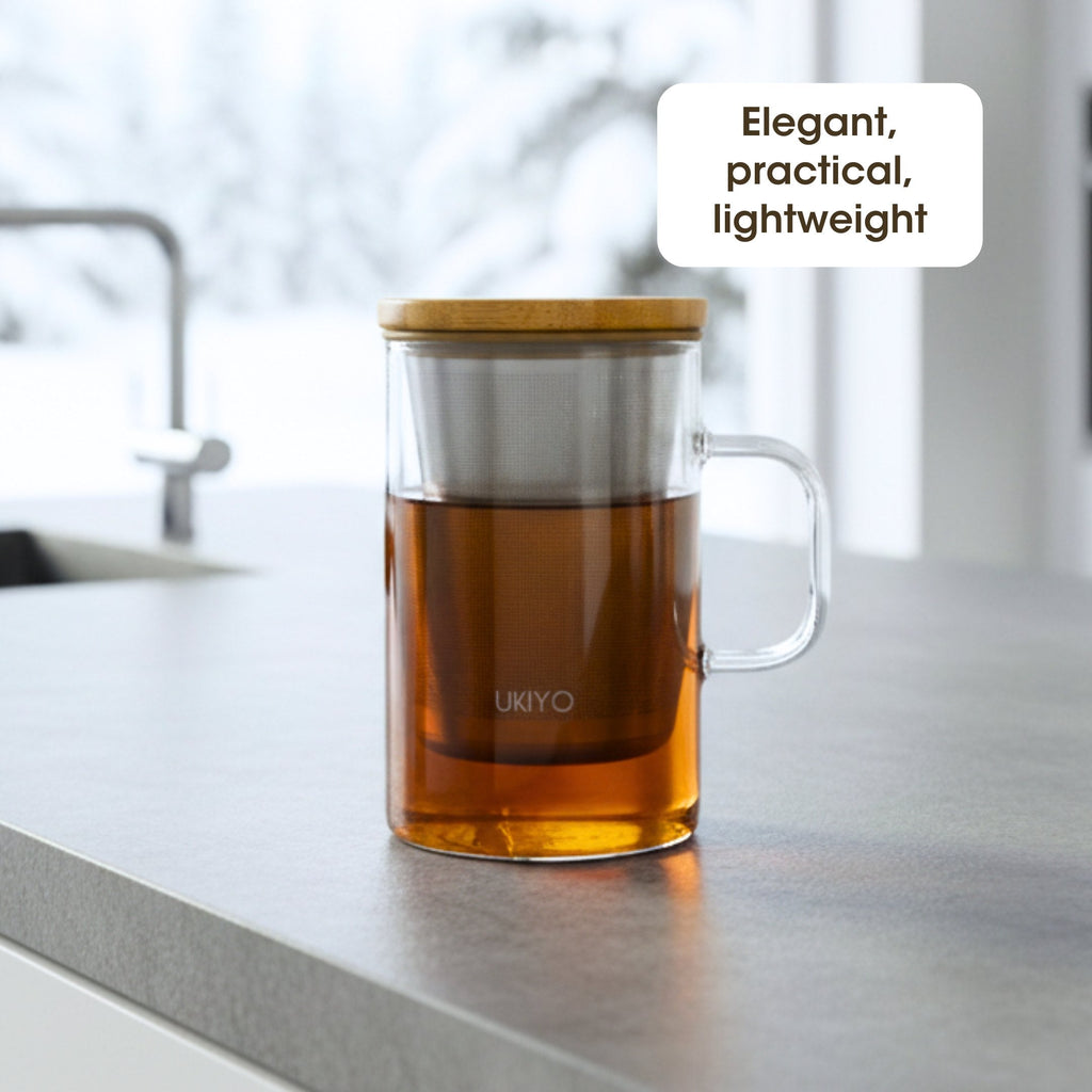 Ukiyo Wood Glass Tea Infuser — Stainless Steel Filter with Bamboo Lid, 16oz