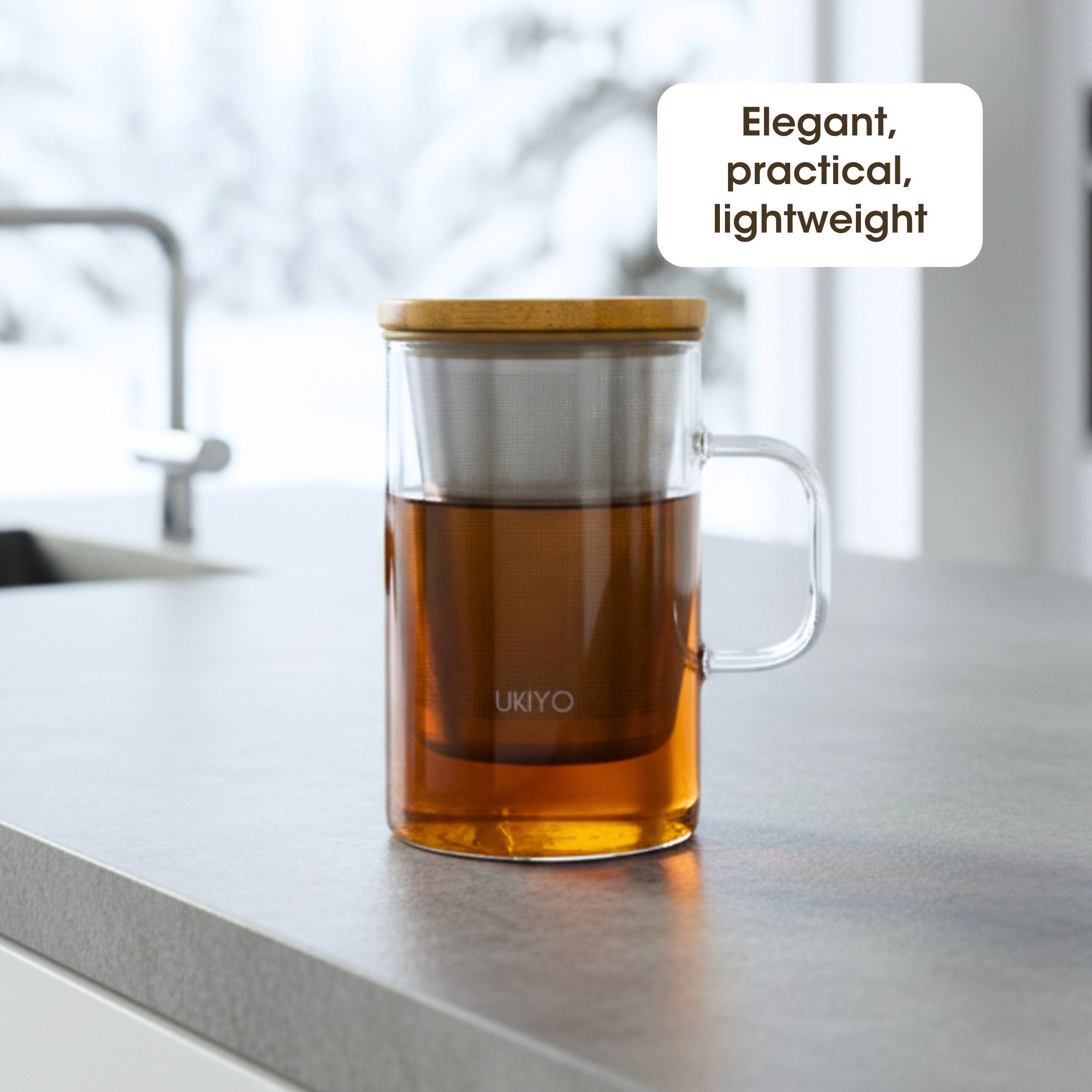 Ukiyo Wood Glass Tea Infuser — Stainless Steel Filter with Bamboo Lid, 16oz
