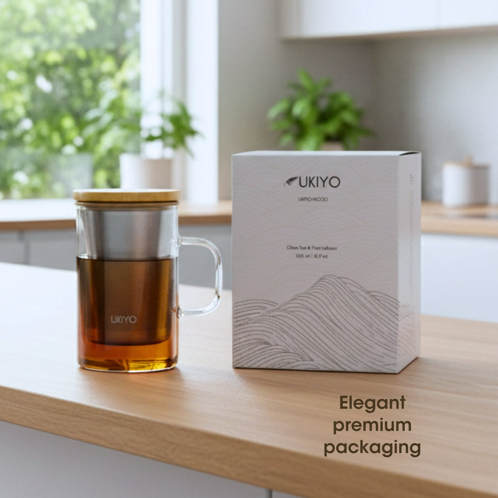 Ukiyo Wood Glass Tea Infuser — Stainless Steel Filter with Bamboo Lid, 16oz