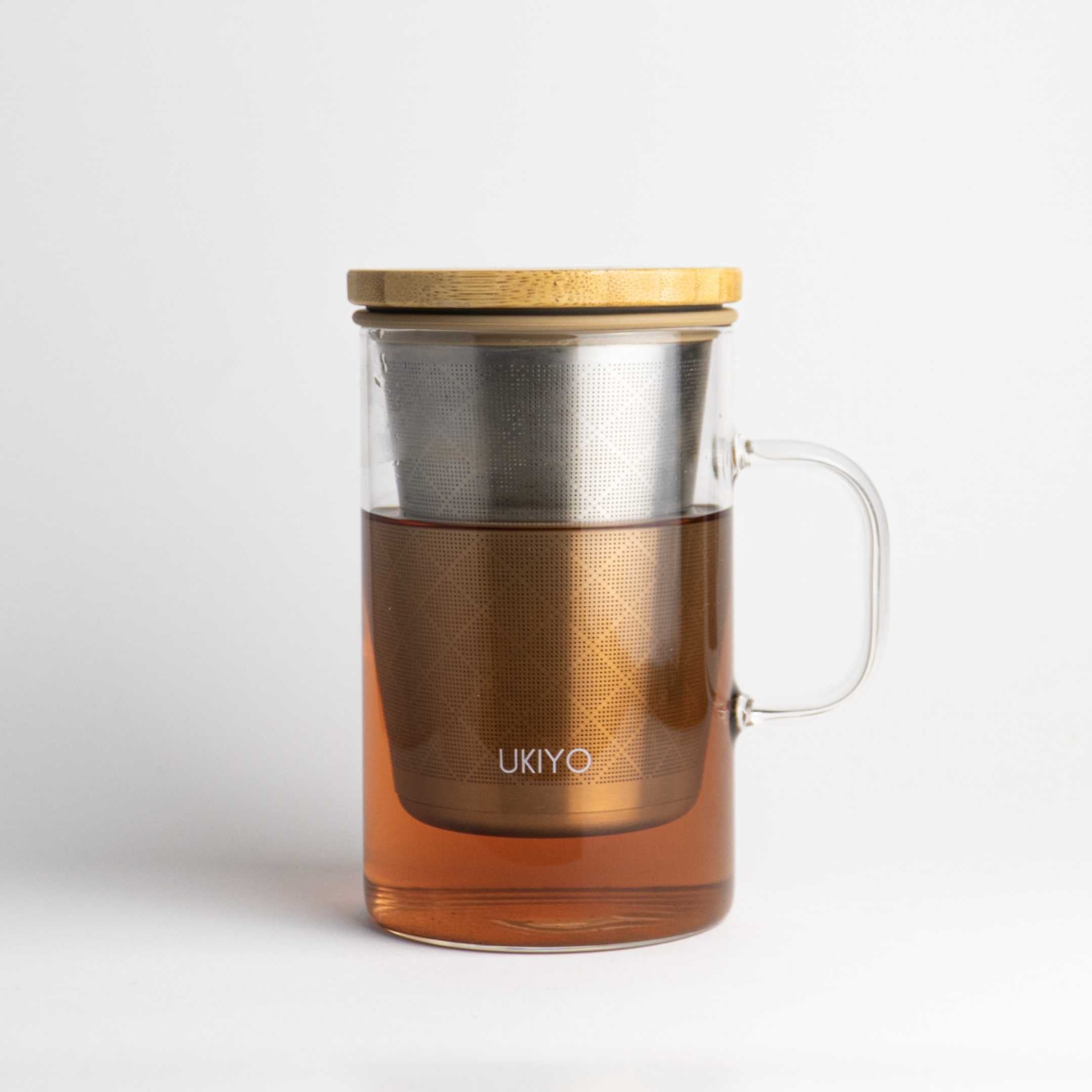 Ukiyo Wood Glass Tea Infuser — Stainless Steel Filter with Bamboo Lid, 16oz