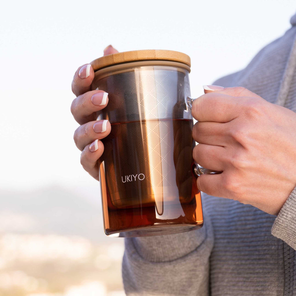 Ukiyo Wood Glass Tea Infuser — Stainless Steel Filter with Bamboo Lid, 16oz