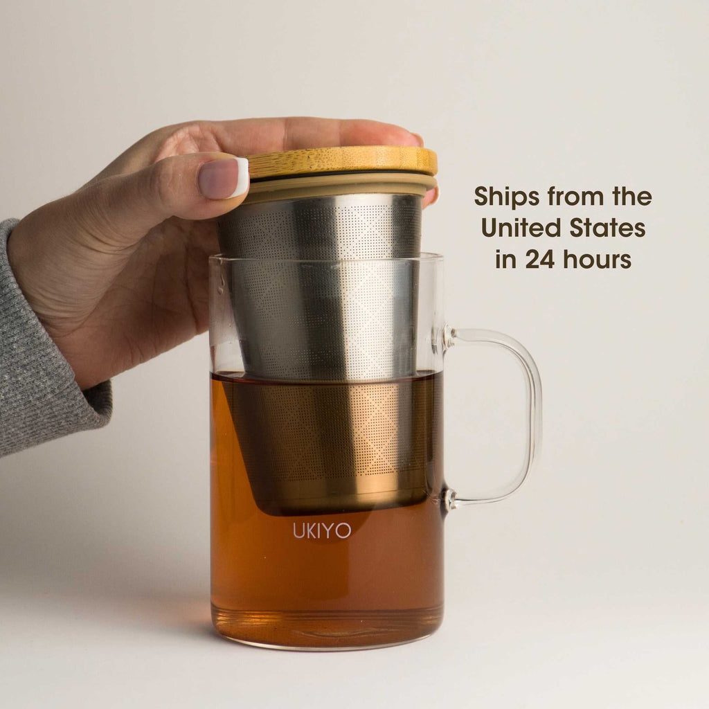 Ukiyo Wood Glass Tea Infuser — Stainless Steel Filter with Bamboo Lid, 16oz