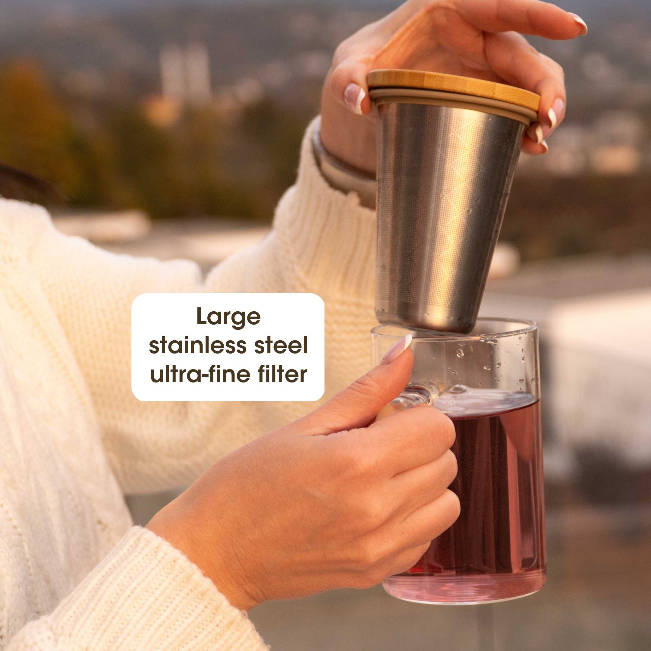 Ukiyo Wood Glass Tea Infuser — Stainless Steel Filter with Bamboo Lid, 16oz