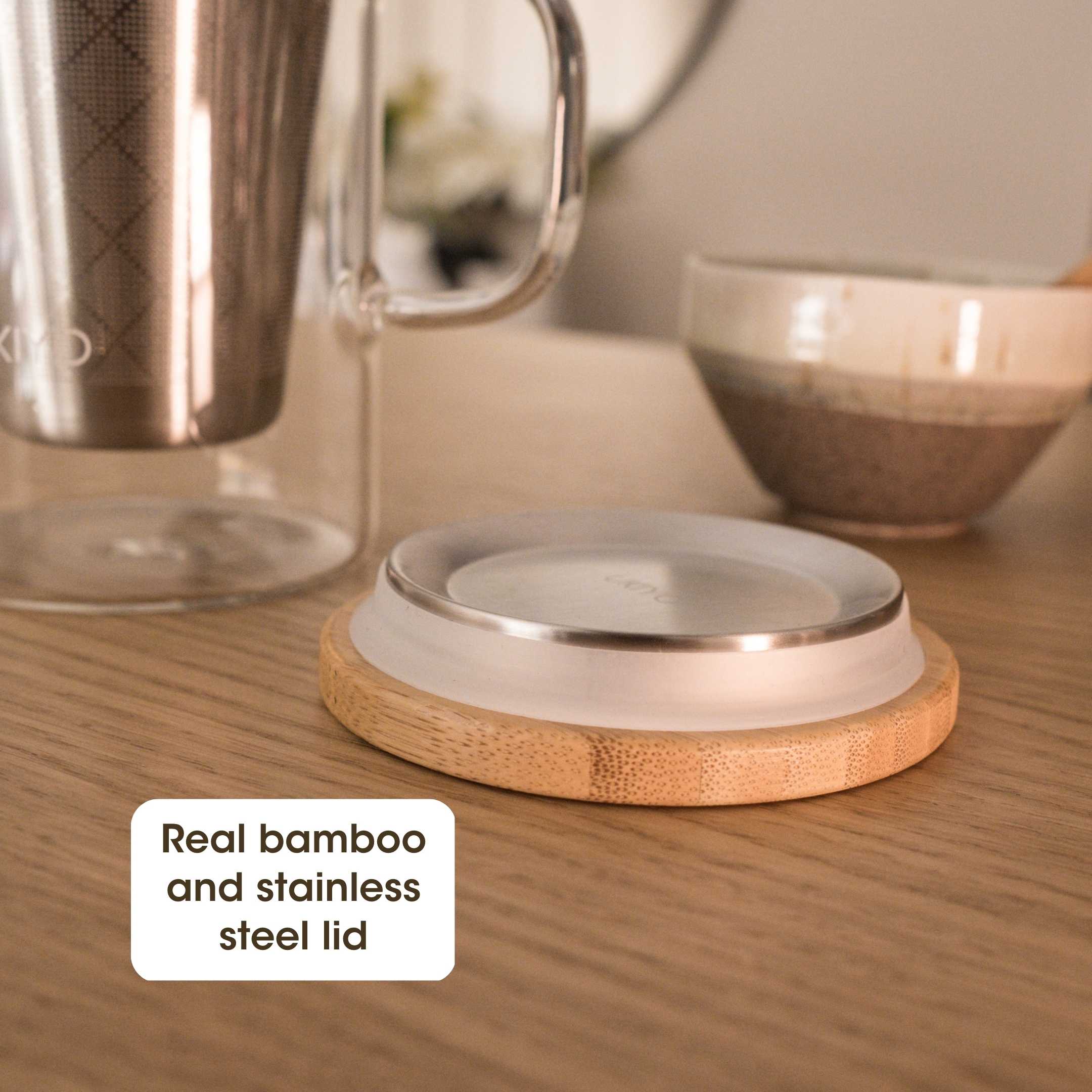 Ukiyo Wood Glass Tea Infuser — Stainless Steel Filter with Bamboo Lid, 16oz
