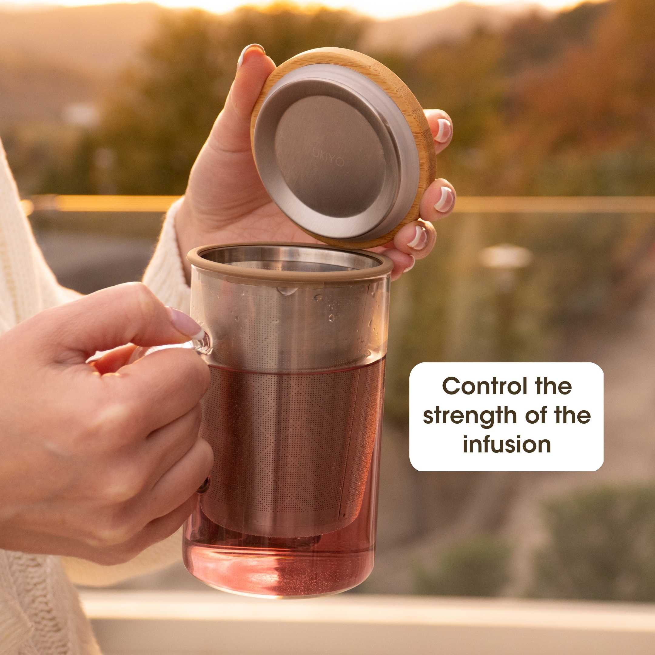 Ukiyo Wood Glass Tea Infuser — Stainless Steel Filter with Bamboo Lid, 16oz