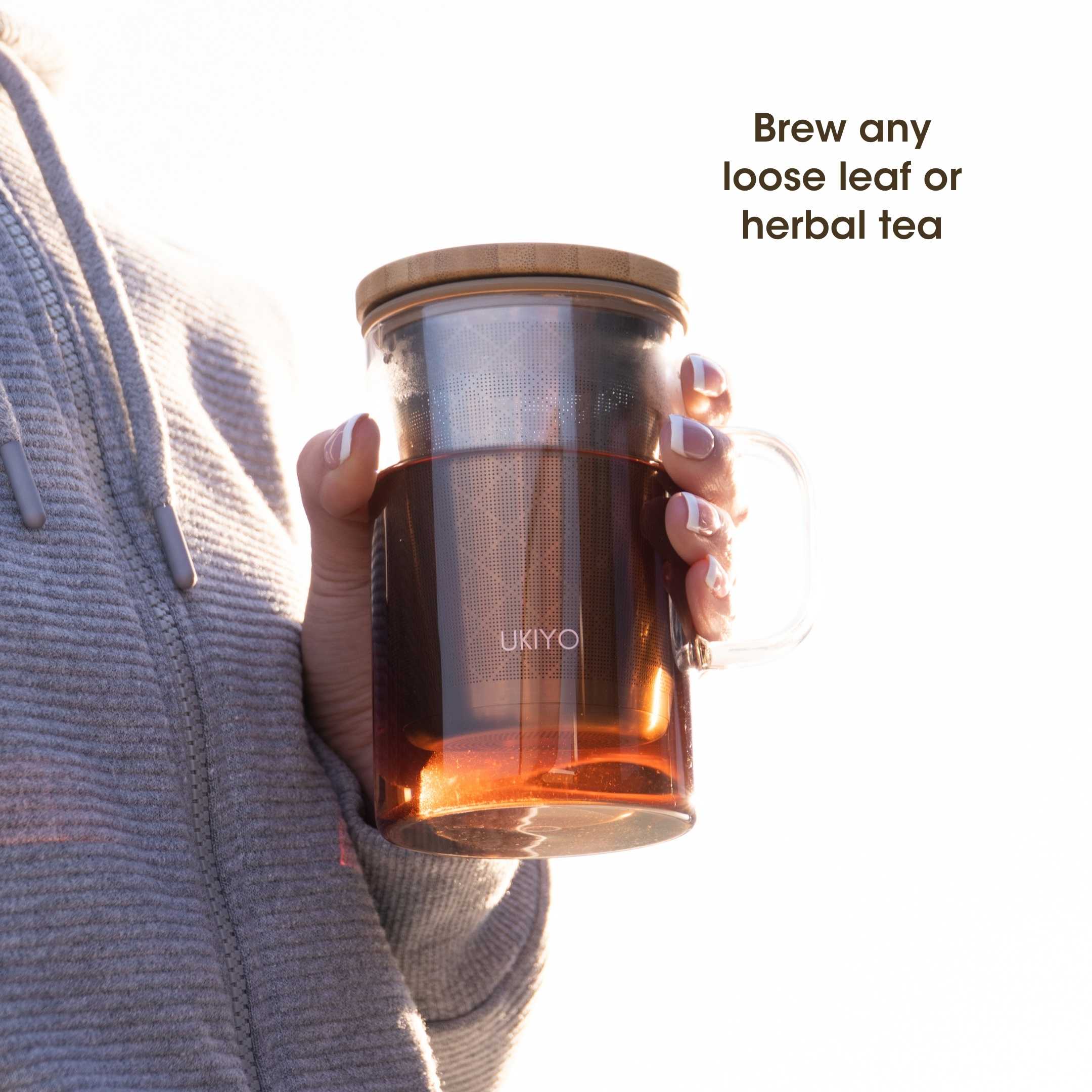 Ukiyo Wood Glass Tea Infuser — Stainless Steel Filter with Bamboo Lid, 16oz